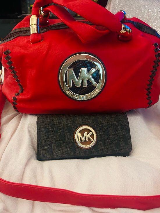 Michael Kors Handbags - Michael Kors Red Leather Satchel with Black Logo Wallet